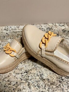 Dolce Vita Cream Espadrille Mules with Yellow Chain Detail